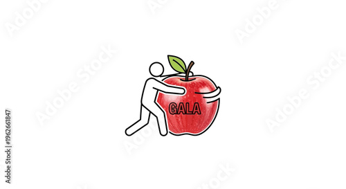 Cheerful outline figure warmly hugging a large, juicy Gala apple, symbolizing fresh produce