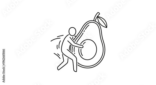 Energetic stick figure pushing a healthy avocado promoting wellness and dietary benefits