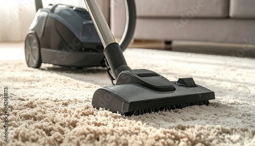 Vacuum cleaner cleaning carpet in living room for home hygiene removing dust and allergens with modern household appliance