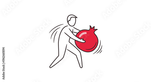 Stylized graphic of a human figure energetically transporting an oversized ripe crimson fruit
