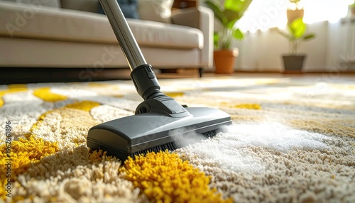 Vacuum cleaner cleaning patterned carpet in living room with sunlight; domestic hygiene appliance removing dust and dirt