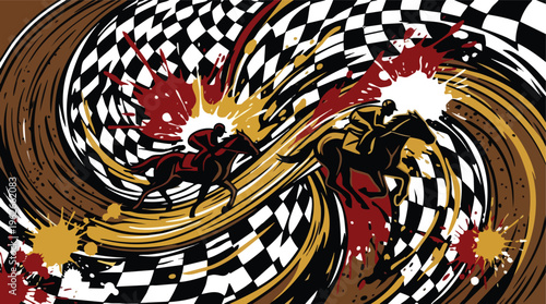 Racing Horses with Checkered Flags Background Dynamic Sport Illustration