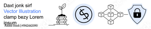 Financial growth, cryptocurrencies, blockchain technology, secure transactions, investment strategies, wealth creation. Young plant on coins, blockchain network, secure shield and dollar sign