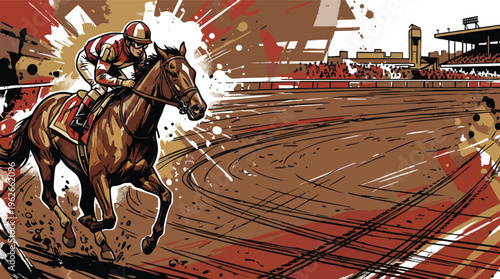 Gallop Race Horse and Jockey on a Dirt Track with Grandstand