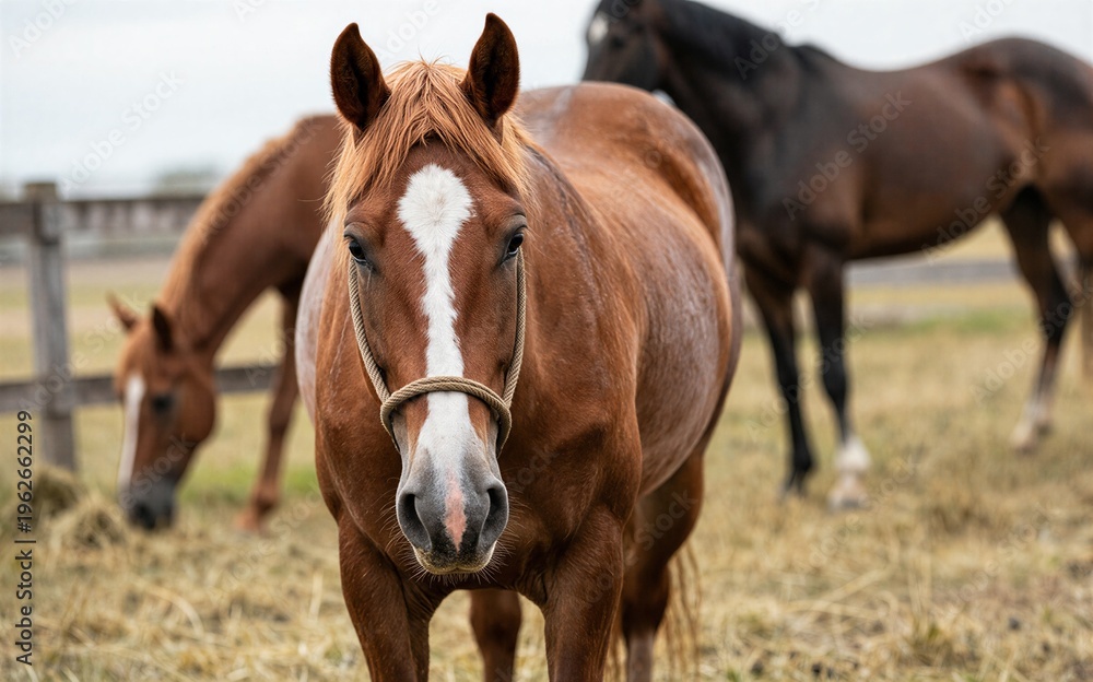 Fototapeta premium Brown horse with white blaze stands alert others graze in background