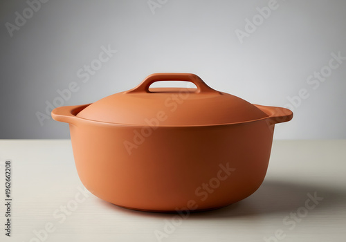 Terracotta cooking pot with lid resting on a wooden surface. Empty pot in a neutral studio setting. Kitchenware for a home cook. modern style. studio shot.
