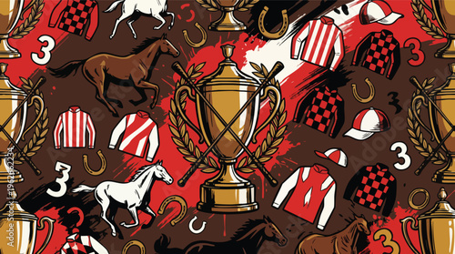 Belmont Stakes Themed Illustration with Horses Trophies and Jockey Uniforms