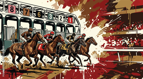 Horses Bursting from Starting Gate in Dynamic Art Style