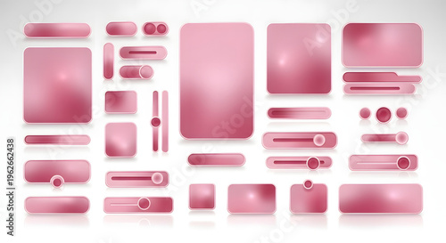 Glassomorphism design elements and UI templates and panels with transparent backgrounds. Pink digital 3D realistic vector interface shapes.
