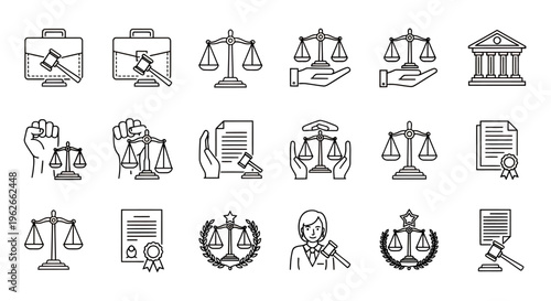 Icon set depicting justice and legal symbols including scales, gavel, courtroom and courthouse imagery.