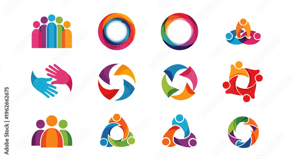 Fototapeta premium Abstract colorful icons depicting groups and social interactions in a circular modern vector collection.