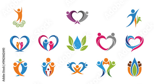 Collection of colorful abstract people icons forming hearts and unity symbols for teamwork and wellbeing visuals.