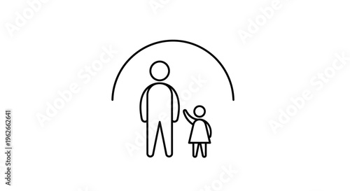 Minimal line drawing of an adult and child together under a protective arch.