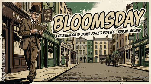 Historical Figure Reading Book on Dublin Street During Bloomsday Celebration Cartoon