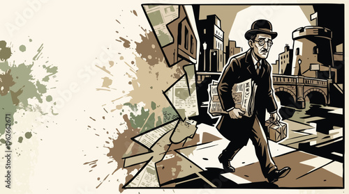 Illustration of Man Walking on Bloomsday with Abstract Background Design