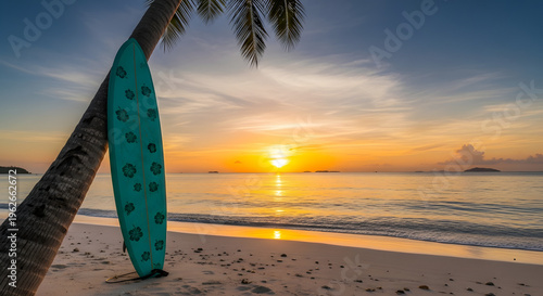 Teal surfboard leaning against a palm tree on a tropical beach at sunset. Relaxed, summer ambiance with a serene, idyllic, and exotic feel.

