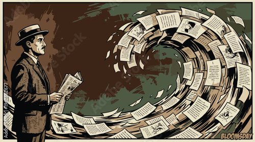 Literary Character with Newspaper Amidst Swirling Pages of a Novel