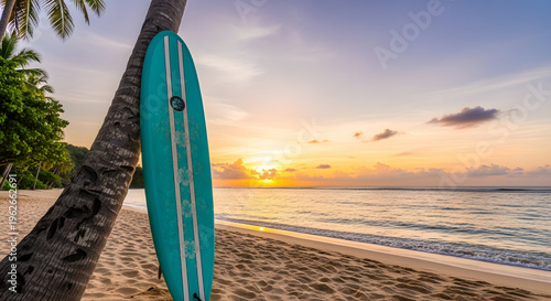 Teal surfboard leaning against a palm tree on a tropical beach at sunset. Relaxed, summer ambiance with a serene, idyllic, and exotic feel.
