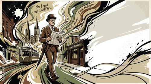 Bloomsday Urban Scene Man Reading Newspaper Artistic Vector Graphic