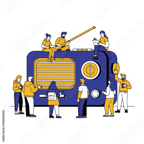 Diverse people gathered around a large retro radio, symbolizing broadcast media, news, information, and community connection in a modern flat vector illustration.