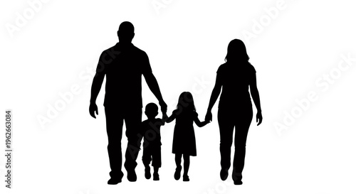 Silhouette of a family of four walking hand in hand in a black and white scene.