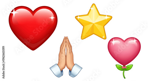 Assorted emoji symbols including hearts star praying hands and a rose convey love spirituality and affection in a playful illustration.