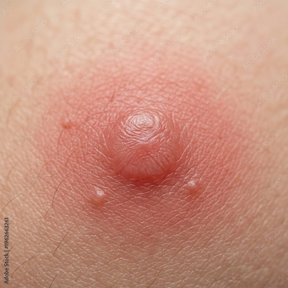 Fototapeta premium Macro shot depicting a red and swollen skin boil with surrounding irritation