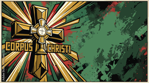 Corpus Christi Golden Cross and Rays on Abstract Green Background Illustration