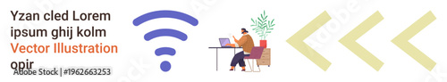 Remote work, communication, freelance lifestyle, productivity tools, internet connectivity, direction. Freelancer working at a desk with wireless and arrows. Remote work and communication concept
