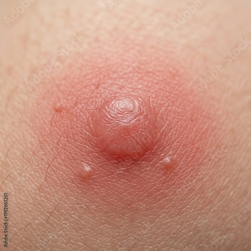 Macro shot depicting a red and swollen skin boil with surrounding irritation