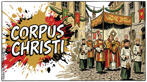 Corpus Christi Procession with Priest and Candles in Decorated Street