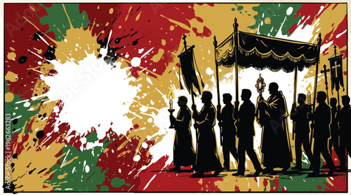 Corpus Christi Procession Featuring Silhouettes with Canopy and Candles in Vibrant Colors