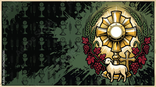 Corpus Christi Monstrance Lamb Grapes Wheat Grunge Background