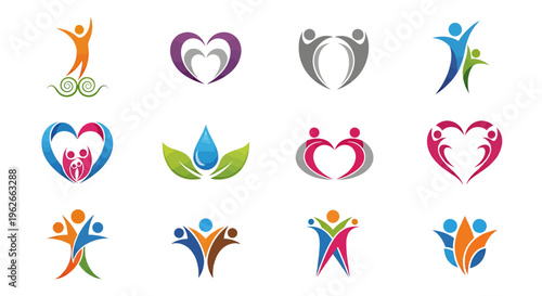 Colorful abstract figures in harmonious group logo representing unity, teamwork, and community spirit.