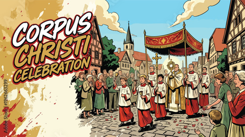 Corpus Christi Festival Procession with Canopy and Bells Under Blue Sky