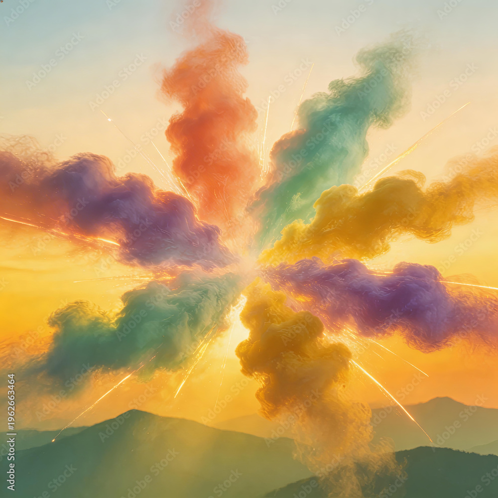 Fototapeta premium Colorful Smoke Burst Over Mountainous Landscape at Sunset