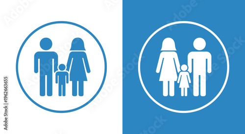 Pair of circular family icons showing parents and child silhouettes for inclusive family representation.