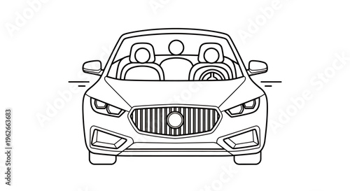 Front view line drawing of a modern convertible car with two passengers in a stylized illustration.