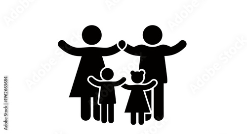 Silhouette of a family of four holding hands in unity and togetherness.