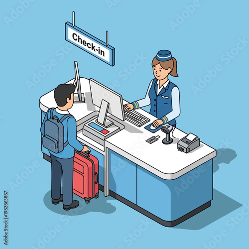 Man checking in at airport counter.
