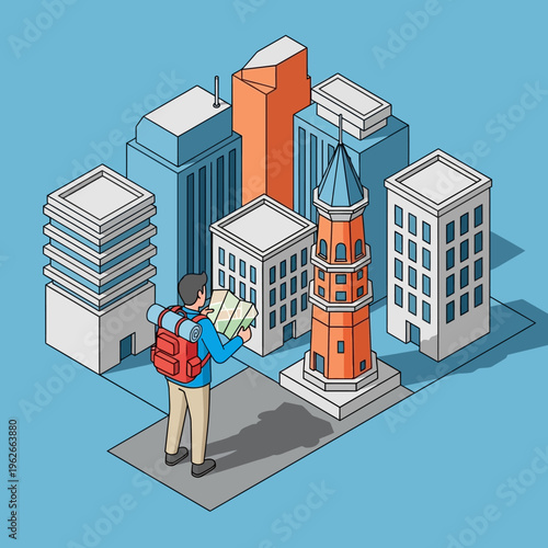 Man with backpack looking at city map.