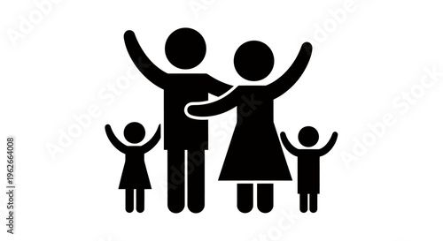 Silhouetted family group of four showing parents and children in joyful unity.