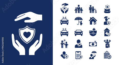 Protective hands cradle a heart emblem on blue background with assorted care and support icons suggesting charity and protection.