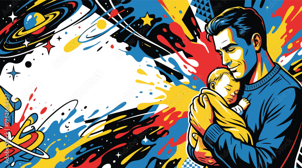 Fototapeta premium Father Holding Baby Close to Chest in Peaceful Pop Art Style