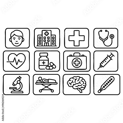 This comprehensive collection of outline medical and healthcare icons is perfect for illustrating various aspects of health, treatment, and hospital services.