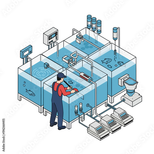 Isometric illustration of industrial water treatment plant.