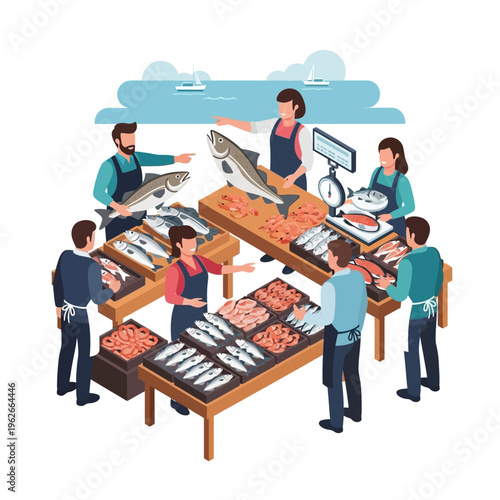 People working at a fish market.