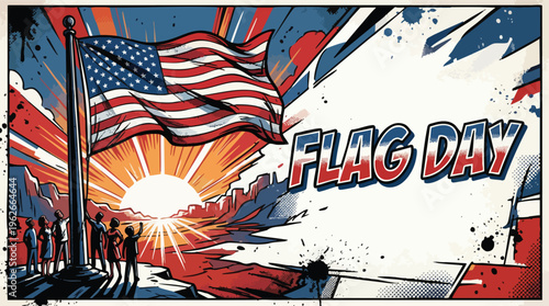 Flag Day Patriotic Celebration Banner with American Flag and Sunrise