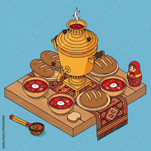 Traditional Russian tea and food setting.