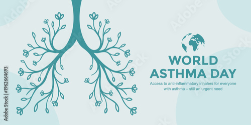 World Asthma Day banner illustration featuring stylized lungs with branching patterns inspired by nature, representing breathing, life, and awareness of asthma care and treatment. 